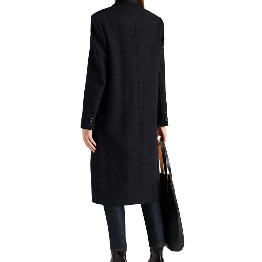 Officine Generale Coat Eden Satin Trimmed Wool Blend 38 US 6 Dark Navy Blue